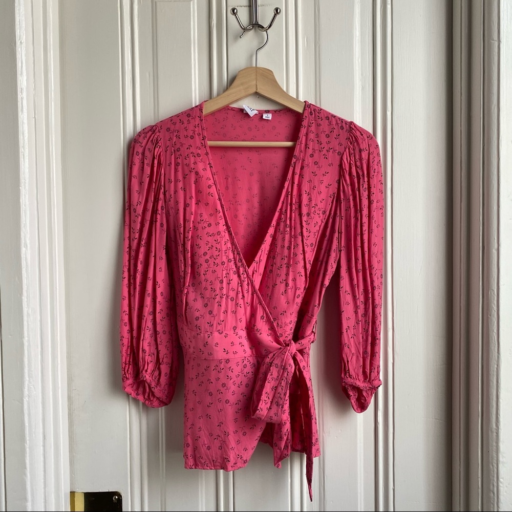 GAP Blouson 3/4 Sleeve Pink Floral Wrap Top